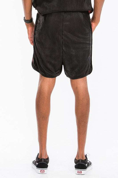Metallic Flick Shorts with elastic waist, colored drawstring, and side metallic stripe.