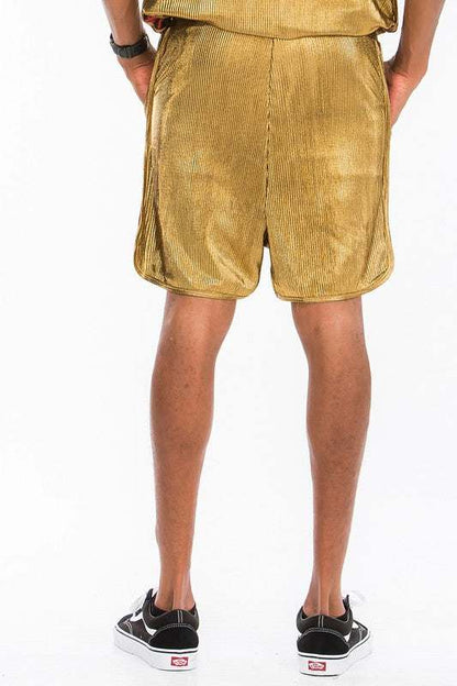 Metallic flick shorts with elastic waist, colored drawstring, and side metallic stripe.