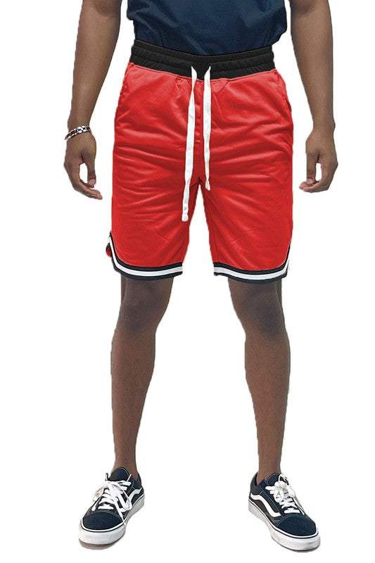 Solid athletic basketball sports shorts with elastic waist and drawstring.
