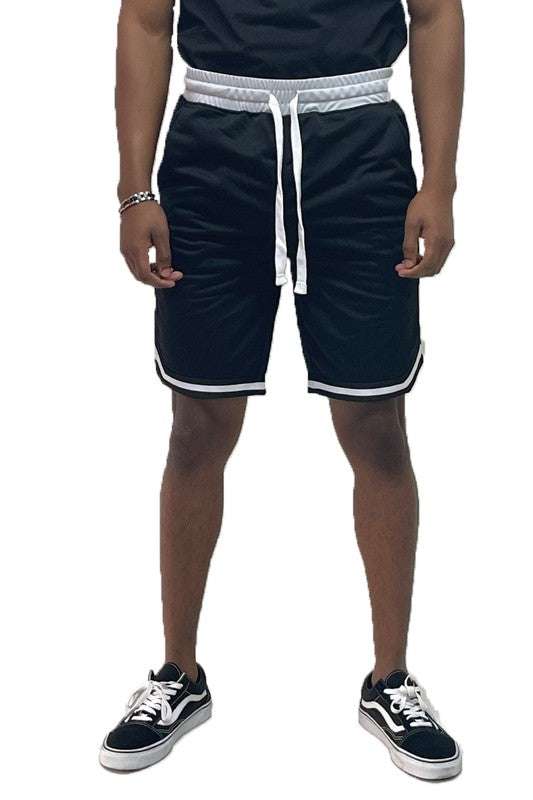 Solid athletic basketball sports shorts with elastic waist and drawstring.