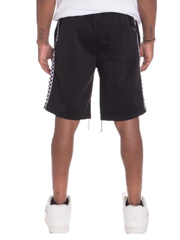 Weiv Mens Checkered Stripe Track Shorts with elastic waist and drawstring, back view.