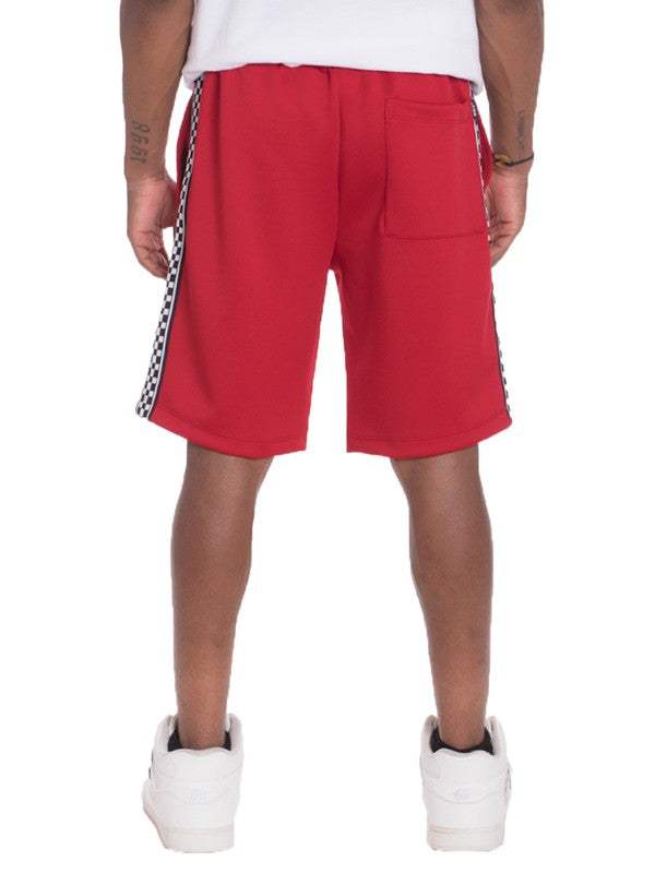 Weiv Mens Checkered Stripe Track Shorts, elastic waist, red color, polyester spandex mix.