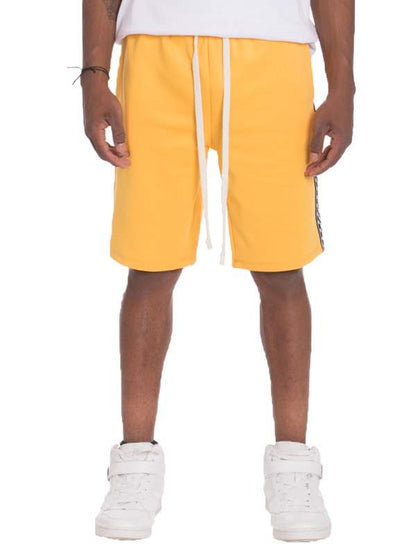 Weiv Mens Checkered Stripe Track Shorts in yellow with elastic waist and drawstring.
