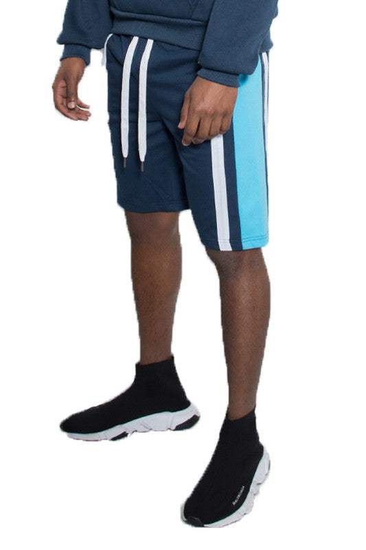 Weiv Mens color block stripe sweat shorts with elastic waist and drawstring.
