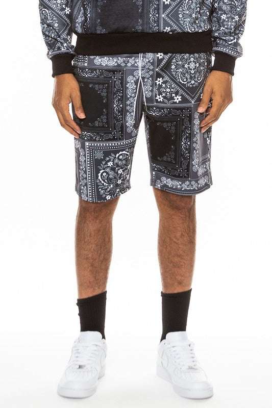 Weiv Mens Paisley Bandana Print Shorts with Elastic Waist and Pockets.