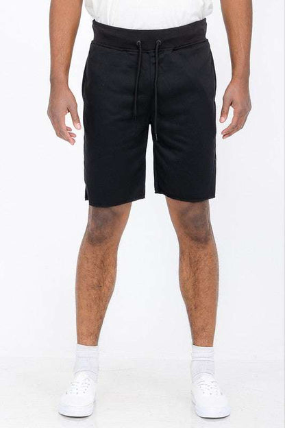 WeRaw Cut Sweat Shorts, black, above-knee length, elastic waist with drawstring.