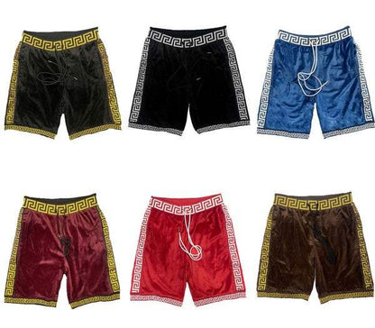 Status Print Velour Suede Shorts with elastic waistband and drawstring, available in multiple colors.