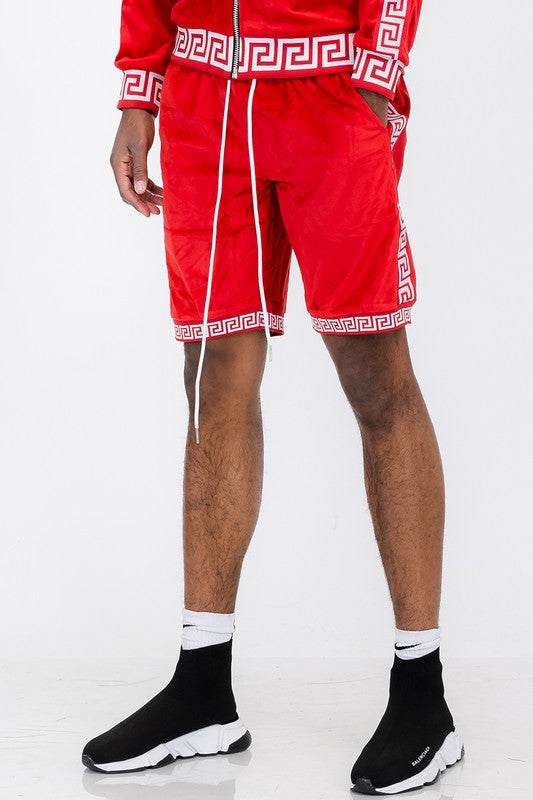 Status Print Velour Velvety Suede Shorts with Elastic Waist and Drawstring.