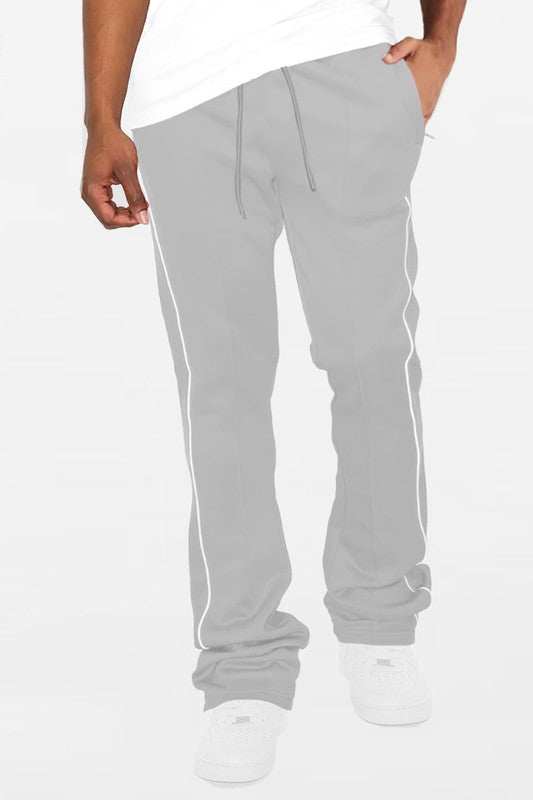 Mens Side Pipe Stacked Flare Pants with stylish white side piping and comfortable fit.