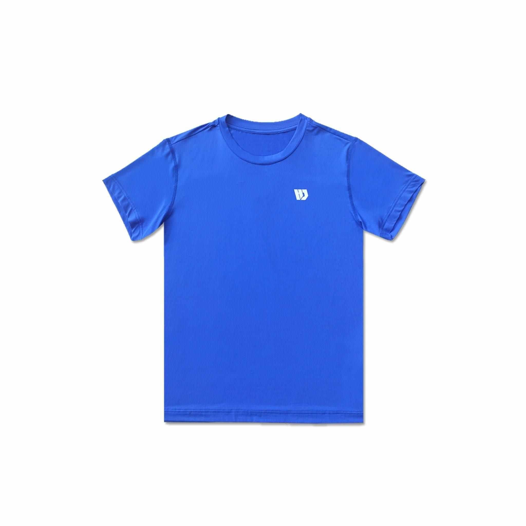 Blue women's mesh breathable T-shirt, dry-fit with soft feel, polyester-spandex blend.