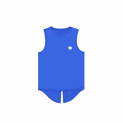 Blue women's mesh vest, dry-fit, breathable, polyester-spandex blend.