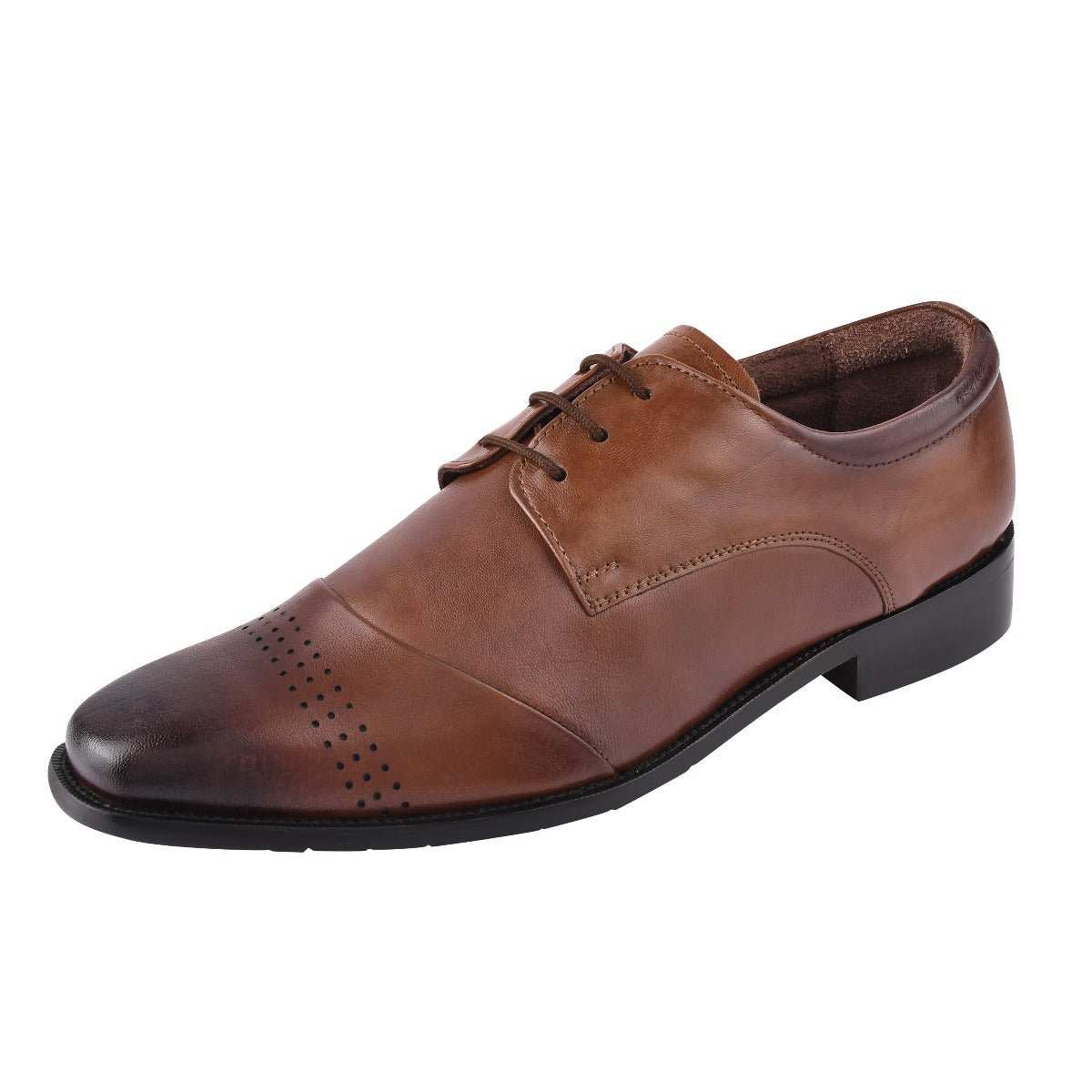 Leather Oxford style dress shoes with perforated details, rubber sole, and cushioned insole.