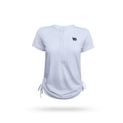 Women's zippered T-shirt in white with decorative side ropes, made of 95% polyester and 5% spandex.